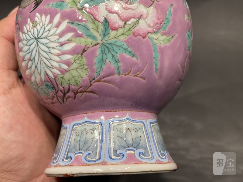 清光绪 宫粉地粉彩花鸟纹象耳尊一对 - 图17